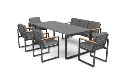 OUTFLEXX Alexander Garten-Essgruppe, mattgrau, Alu/Teak, Ausziehtisch 206/266x100cm, 4 Stühle, 3er Bank, inkl. Polster