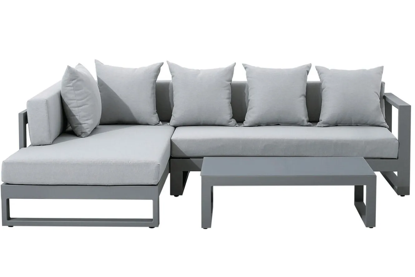 OUTFLEXX Almeria Gartenmöbel-Set Lounge inkl. Ampelschirm, silbergrau/anthrazit, Alu/Polyester/Glas, Schirm 400 x 300 cm, pulverbeschichtet , mit Reißverschluss & Polster, wasserabweisend, UV-Schutz
