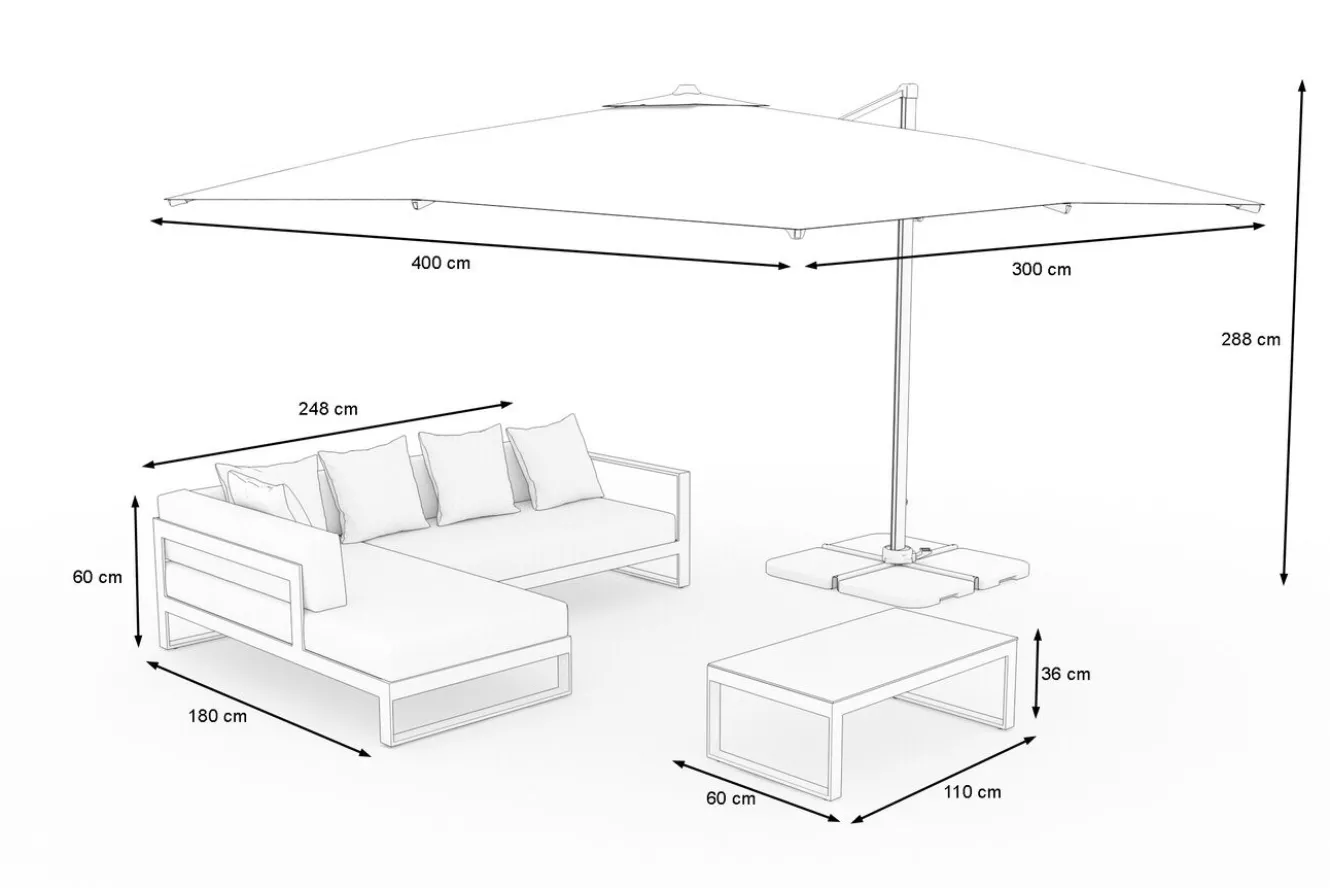 OUTFLEXX Almeria Gartenmöbel-Set Lounge inkl. Ampelschirm, silbergrau/anthrazit, Alu/Polyester/Glas, Schirm 400 x 300 cm, pulverbeschichtet , mit Reißverschluss & Polster, wasserabweisend, UV-Schutz