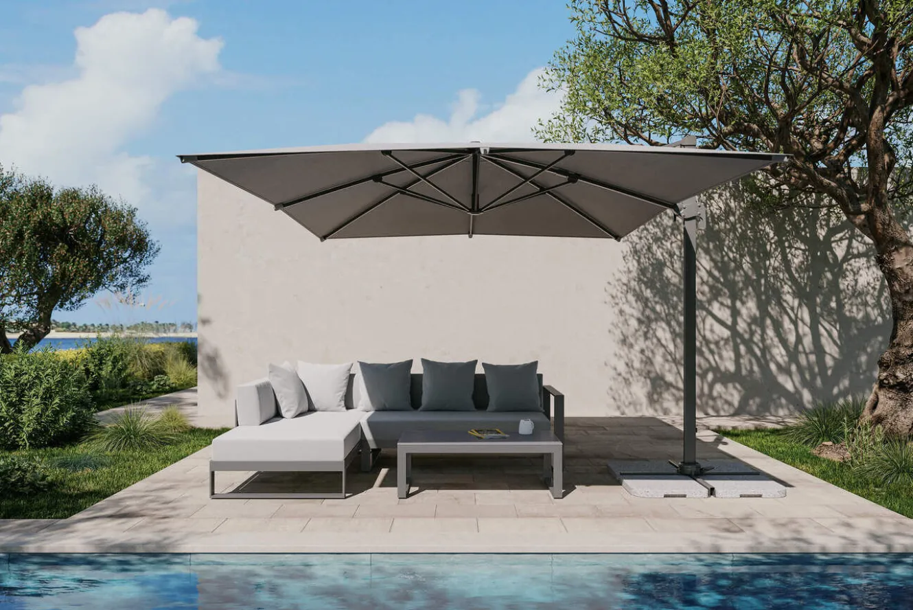 OUTFLEXX Almeria Gartenmöbel-Set Lounge inkl. Ampelschirm, silbergrau/anthrazit, Alu/Polyester/Glas, Schirm 400 x 300 cm, pulverbeschichtet , mit Reißverschluss & Polster, wasserabweisend, UV-Schutz