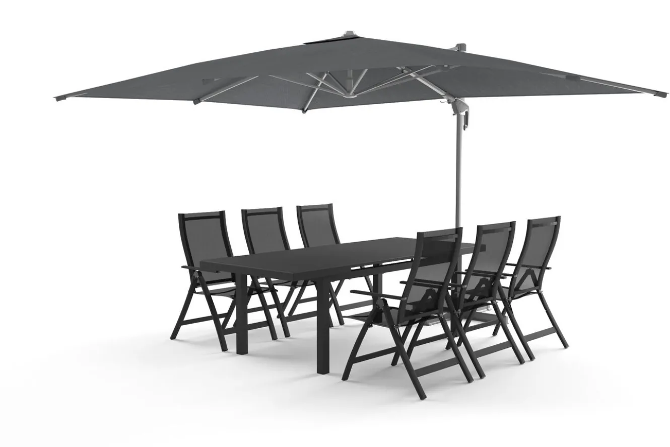 OUTFLEXX Almeria Gartenmöbel-Set Essgruppe inkl. Ampelschirm, anthrazit matt/grau, Alu/Edelstahl/Glas, 180/240 x 100 cm, ausziehbar, klappbar, UV-beständig