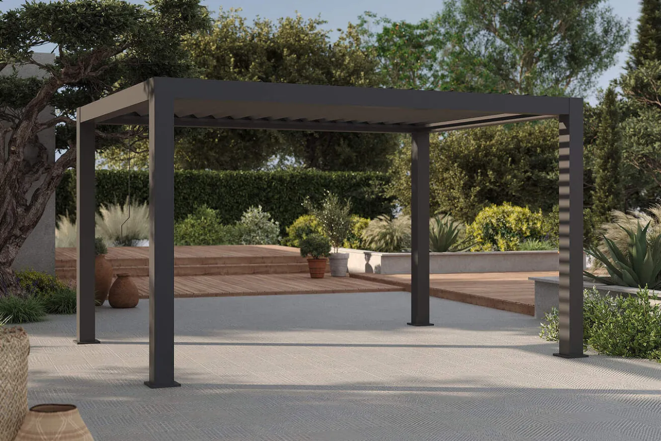 OUTFLEXX Antalya Lamellenpergola, schwarz, Alu, 4 x 4 m, pulverbeschichtet, wetterfest, verstellbare Lamellen