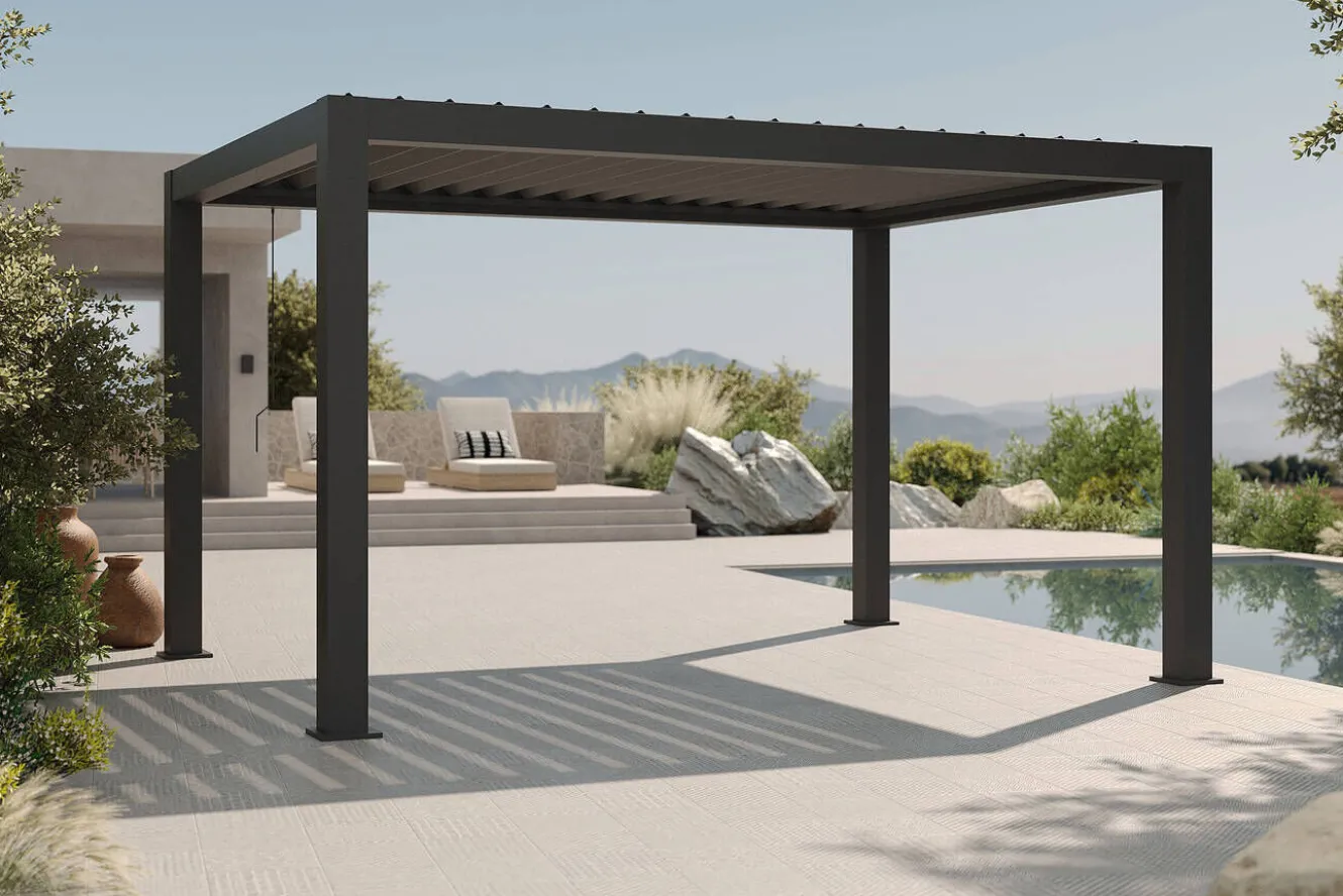 OUTFLEXX Antalya Lamellenpergola, schwarz, Alu pulverbeschichtet, 3 x 4 m, witterungsbeständig, verstellbares Lamellendach