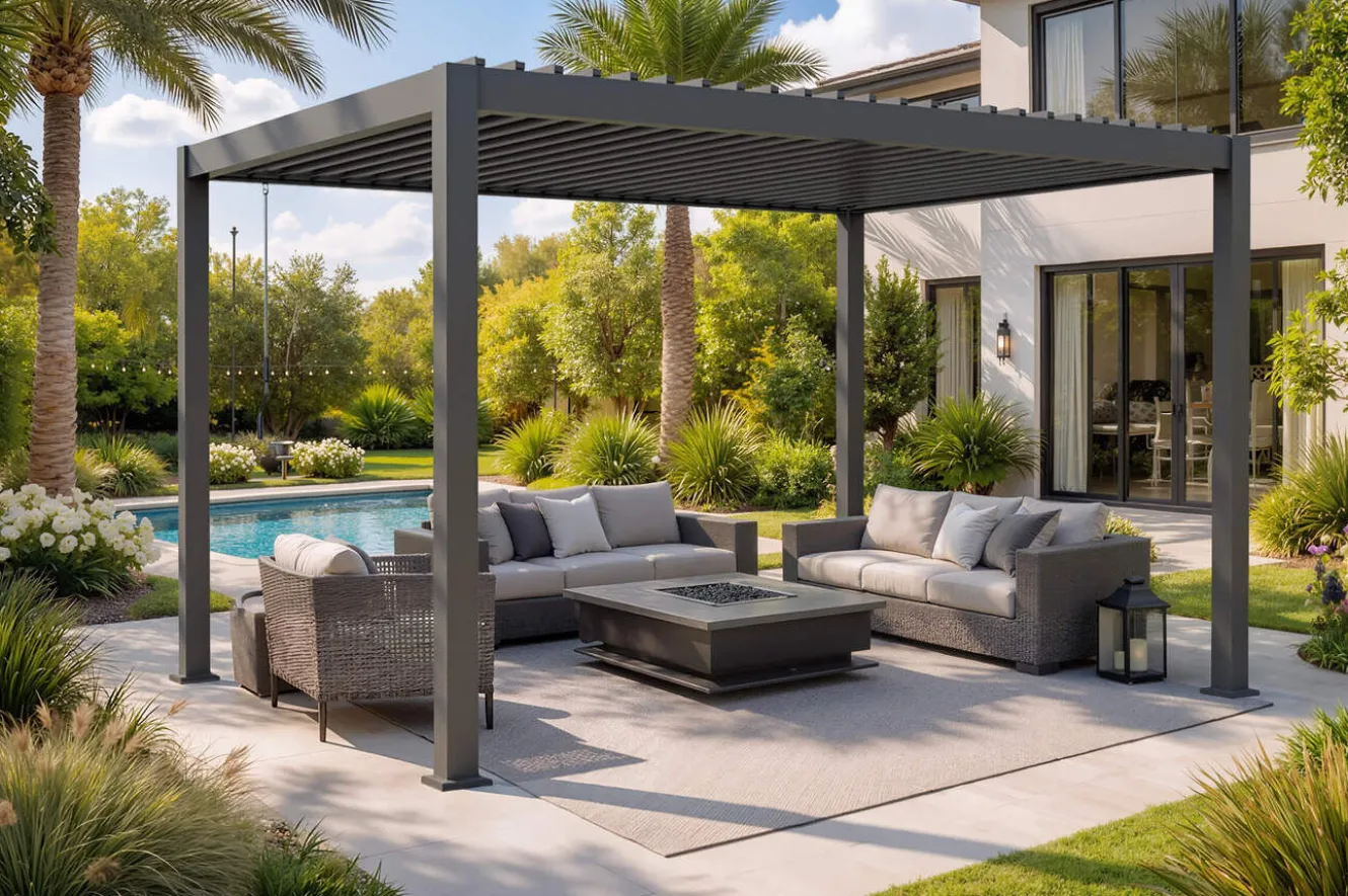 OUTFLEXX Antalya Lamellenpergola, schwarz, Alu pulverbeschichtet, 3 x 4 m, witterungsbeständig, verstellbares Lamellendach