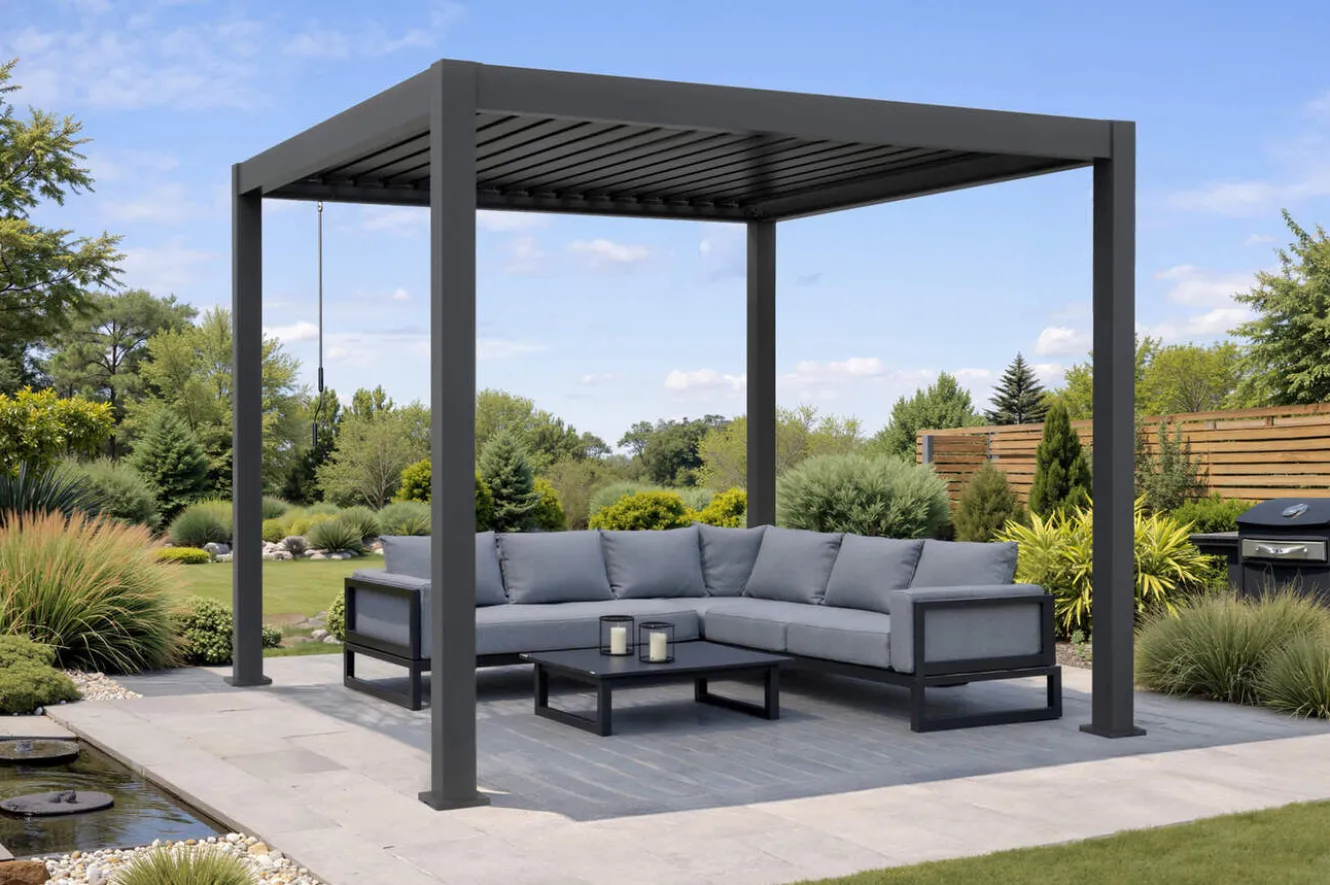OUTFLEXX Antalya Lamellenpergola, schwarz, Alu pulverbeschichtet, 3 x 3 m, wetterfest, Lamellendach verstellbar
