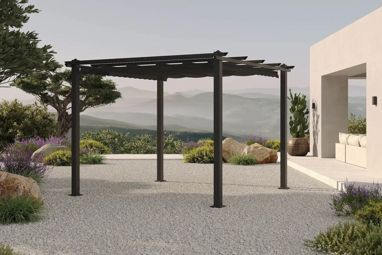 OUTFLEXX Antalya Pergola mit faltbarem Stoffdach, Anthrazit, Aluminium/Stahl/Polyester, 3 x 3 m, UV-Schutz 30+