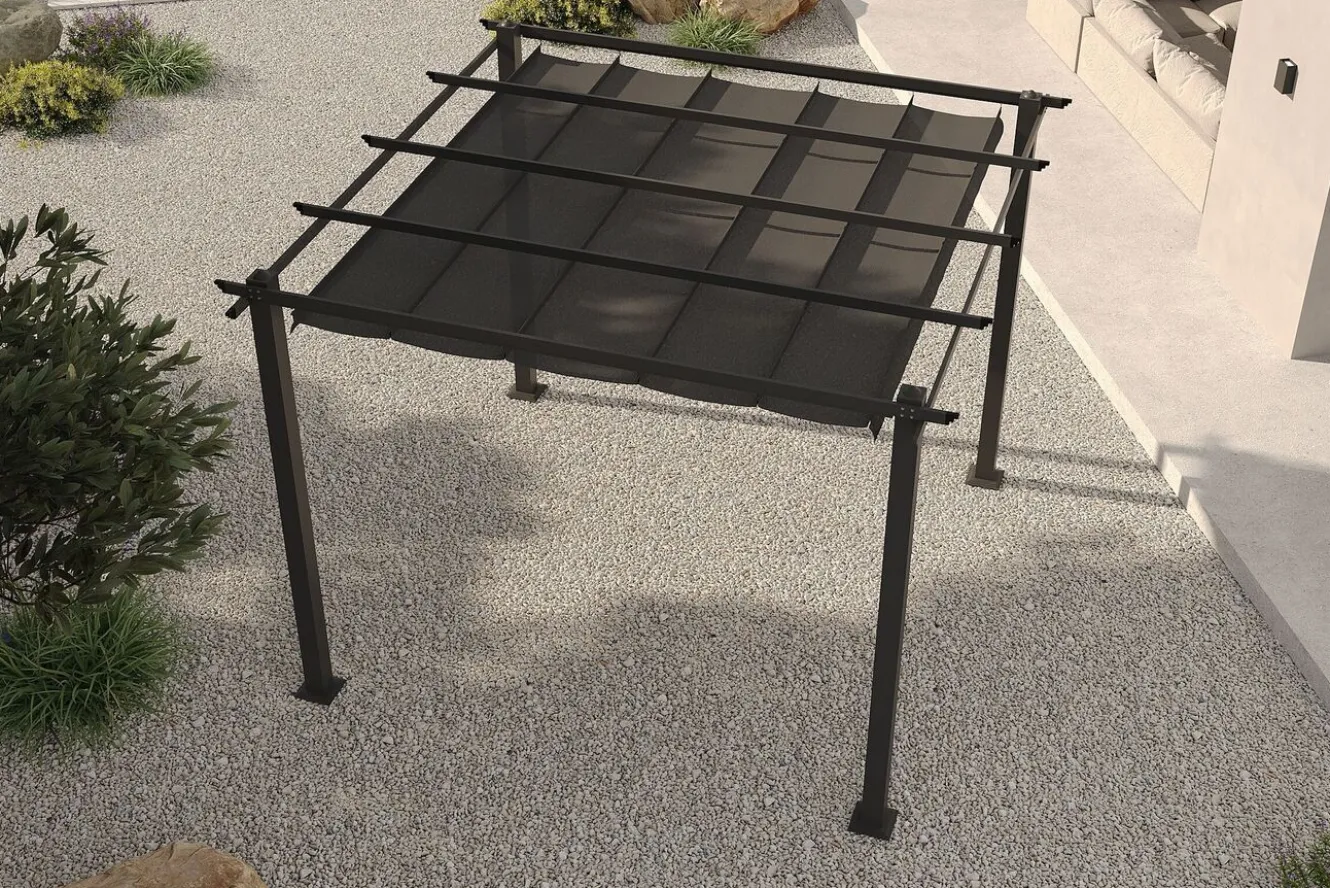 OUTFLEXX Antalya Pergola mit faltbarem Stoffdach, Anthrazit, Aluminium/Stahl/Polyester, 3 x 3 m, UV-Schutz 30+