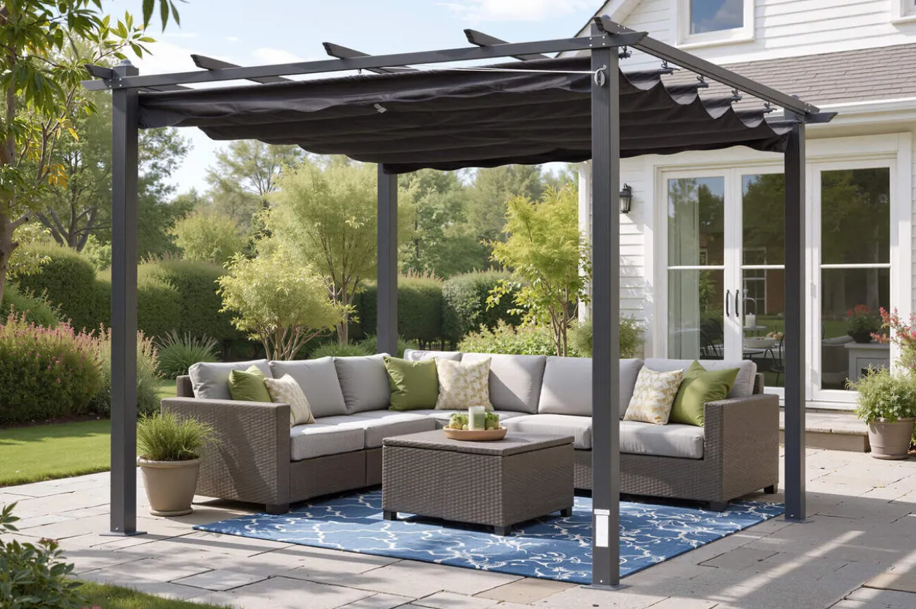 OUTFLEXX Antalya Pergola mit faltbarem Stoffdach, Anthrazit, Aluminium/Stahl/Polyester, 3 x 3 m, UV-Schutz 30+
