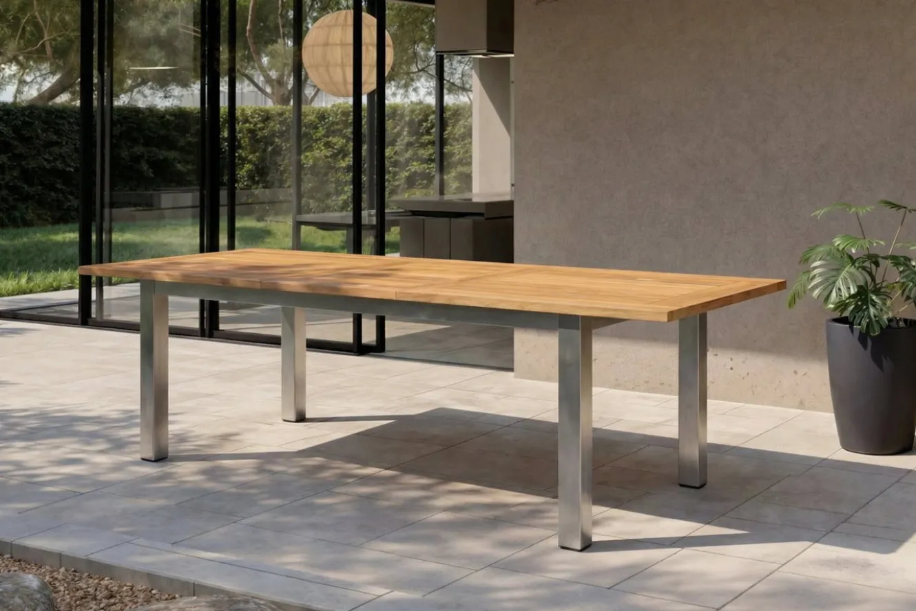 OUTFLEXX Ausziehtisch, Edelstahl/recyceltes Teak, 200/260x100cm, rustikal gebürstet, FSC®-zertifiziertes Produkt