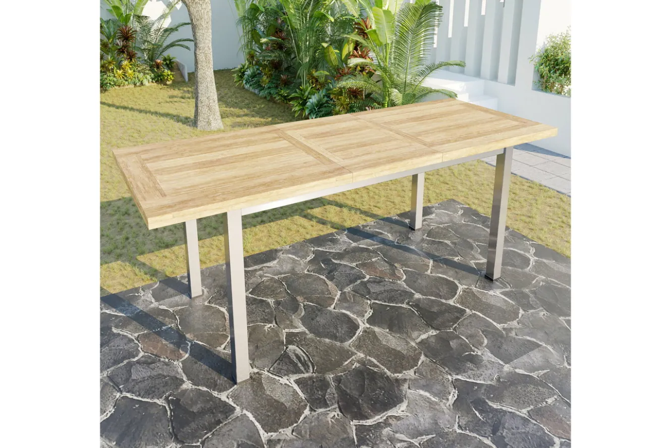 OUTFLEXX Ausziehtisch, Edelstahl/recyceltes Teak, 200/260x100cm, rustikal gebürstet, FSC®-zertifiziertes Produkt