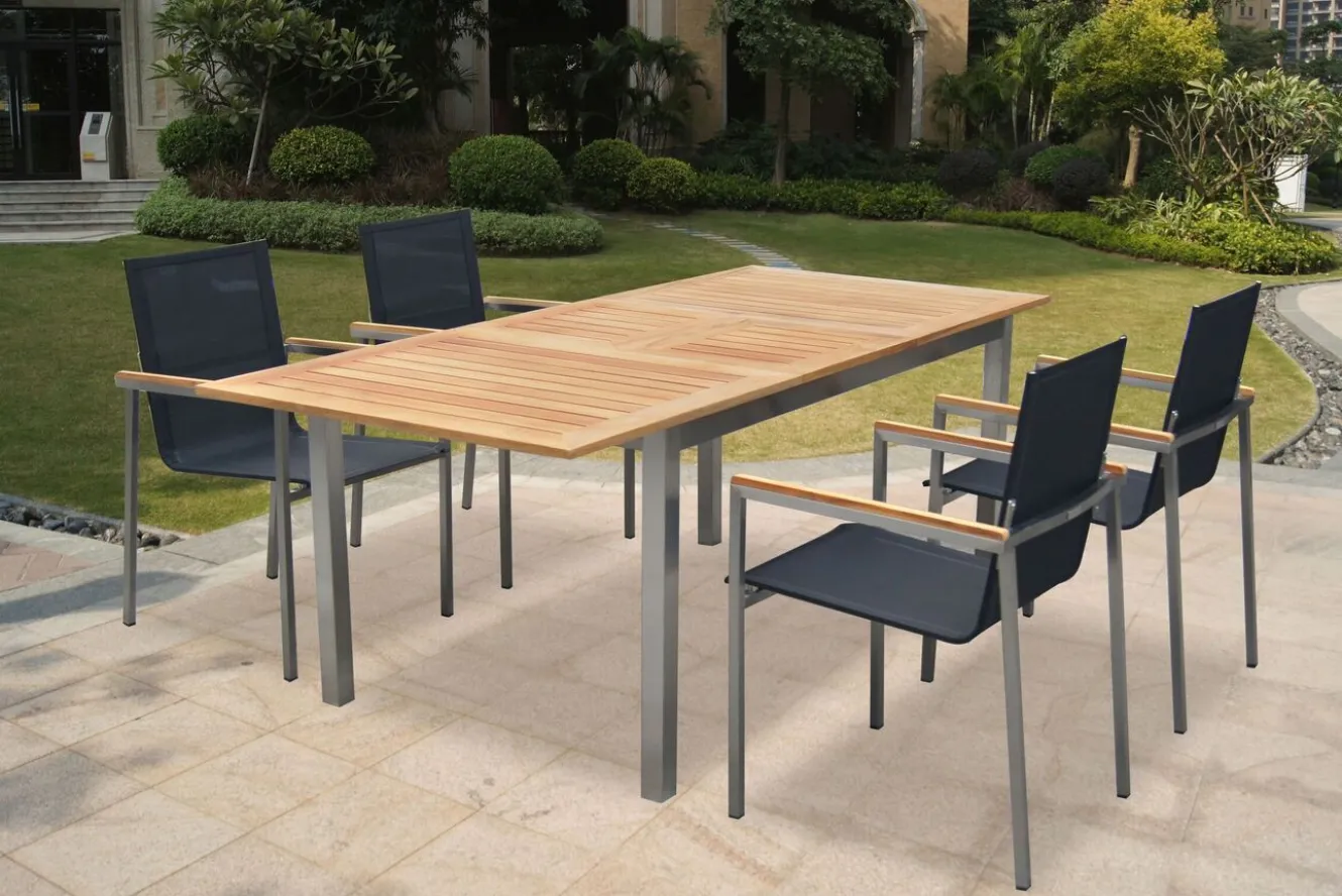 OUTFLEXX Ausziehtisch, Teak/Edelstahl, Plattenstärke 20mm, 150/200x90cm