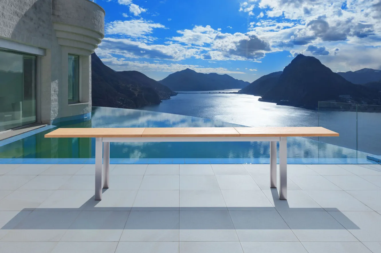 OUTFLEXX Ausziehtisch, Teakholz/Edelstahl, Plattenstärke 25 mm, 220/340 x 100 cm, FSC®-zertifiziertes Produkt