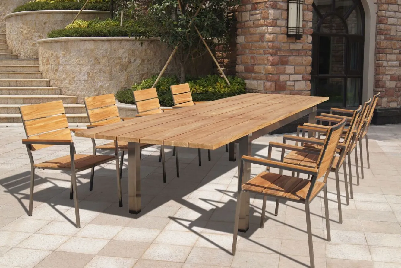 OUTFLEXX Ausziehtisch, Teakholz/Edelstahl, Plattenstärke 25 mm, 220/340 x 100 cm, FSC®-zertifiziertes Produkt