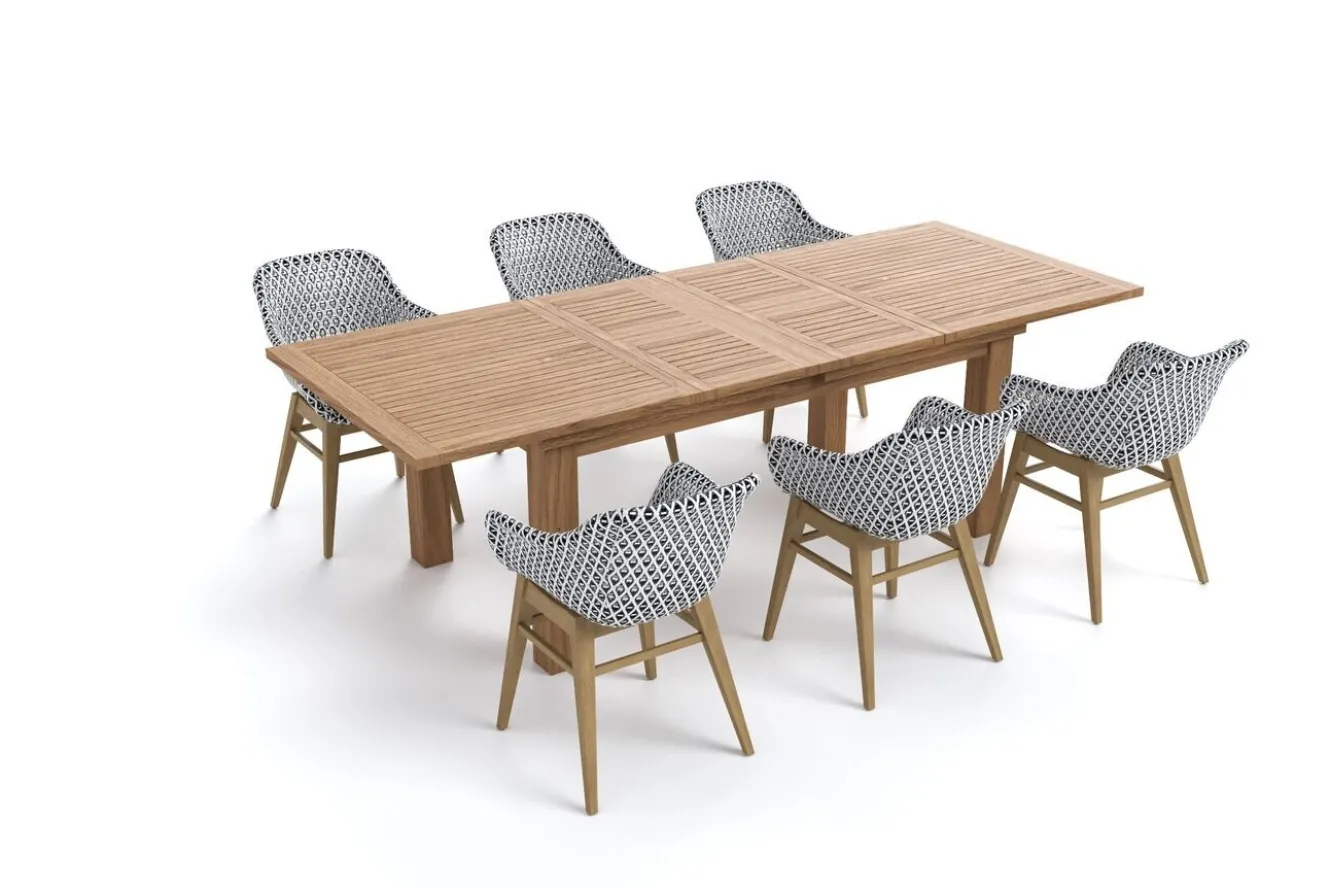 OUTFLEXX Bali Garten-Essgruppe mit 6 Dining Sesseln, schwarz/weiß/natur, Akazie/Polyrattan, 180/220/260 x 100 cm, FSC®-zertifiziertes Produkt