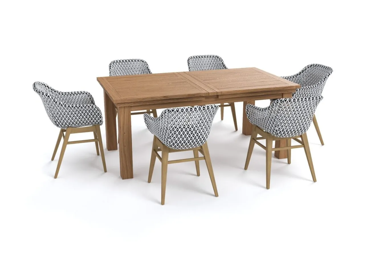 OUTFLEXX Bali Garten-Essgruppe mit 6 Dining Sesseln, schwarz/weiß/natur, Akazie/Polyrattan, 180/220/260 x 100 cm, FSC®-zertifiziertes Produkt