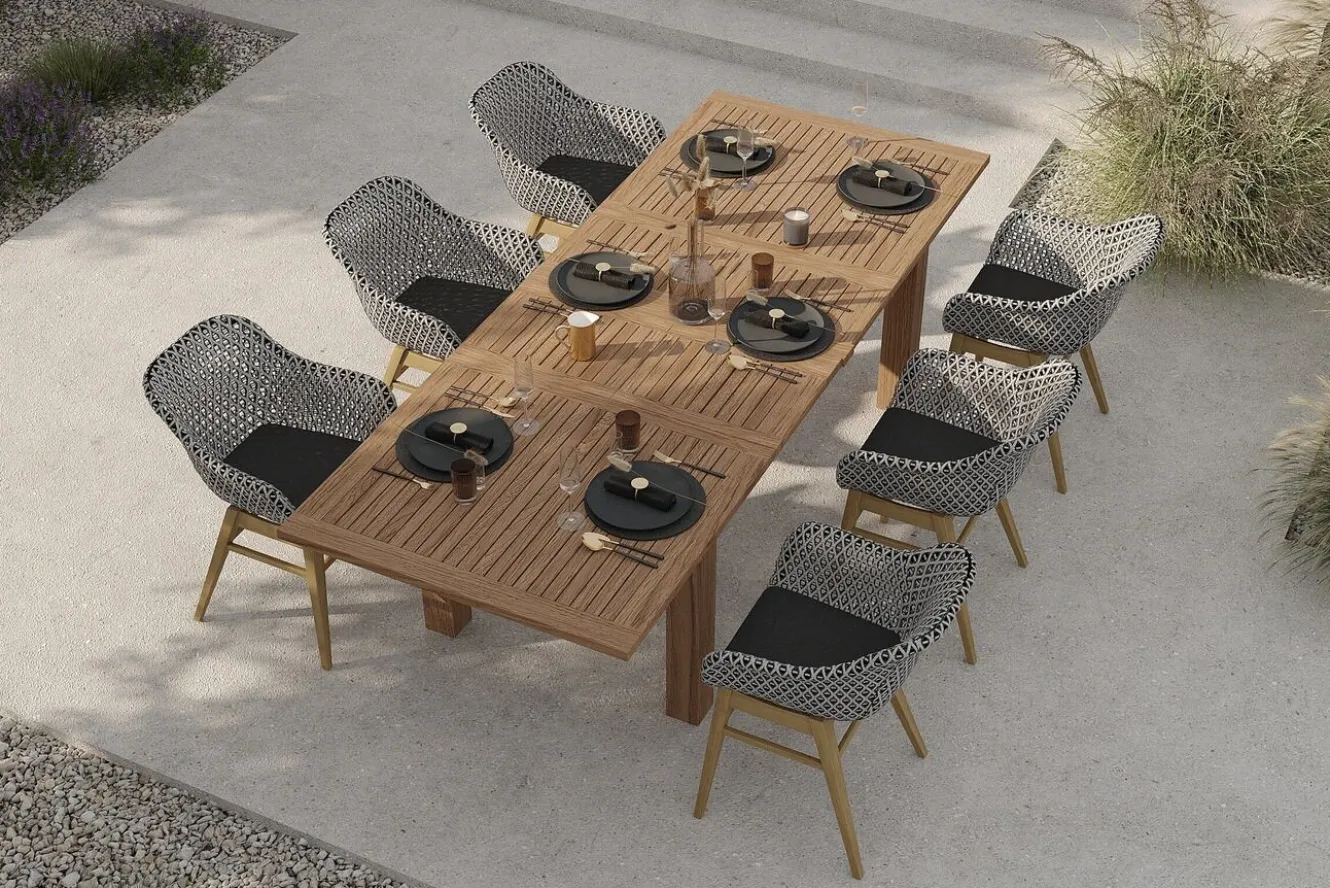 OUTFLEXX Bali Garten-Essgruppe mit 6 Dining Sesseln, schwarz/weiß/natur, Akazie/Polyrattan, 180/220/260 x 100 cm, FSC®-zertifiziertes Produkt