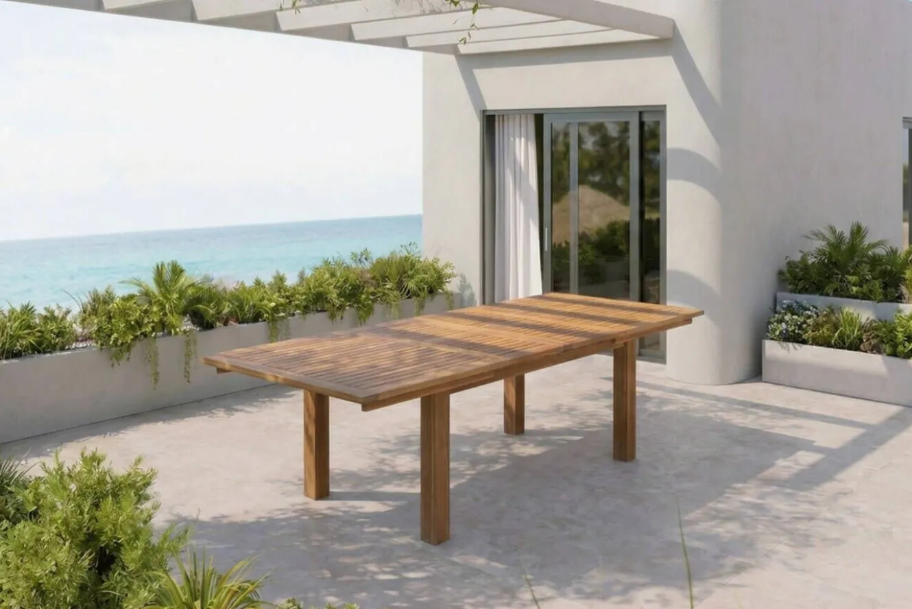 OUTFLEXX Bali Garten-Essgruppe mit 6 Dining Sesseln, schwarz/weiß/natur, Akazie/Polyrattan, 180/220/260 x 100 cm, FSC®-zertifiziertes Produkt