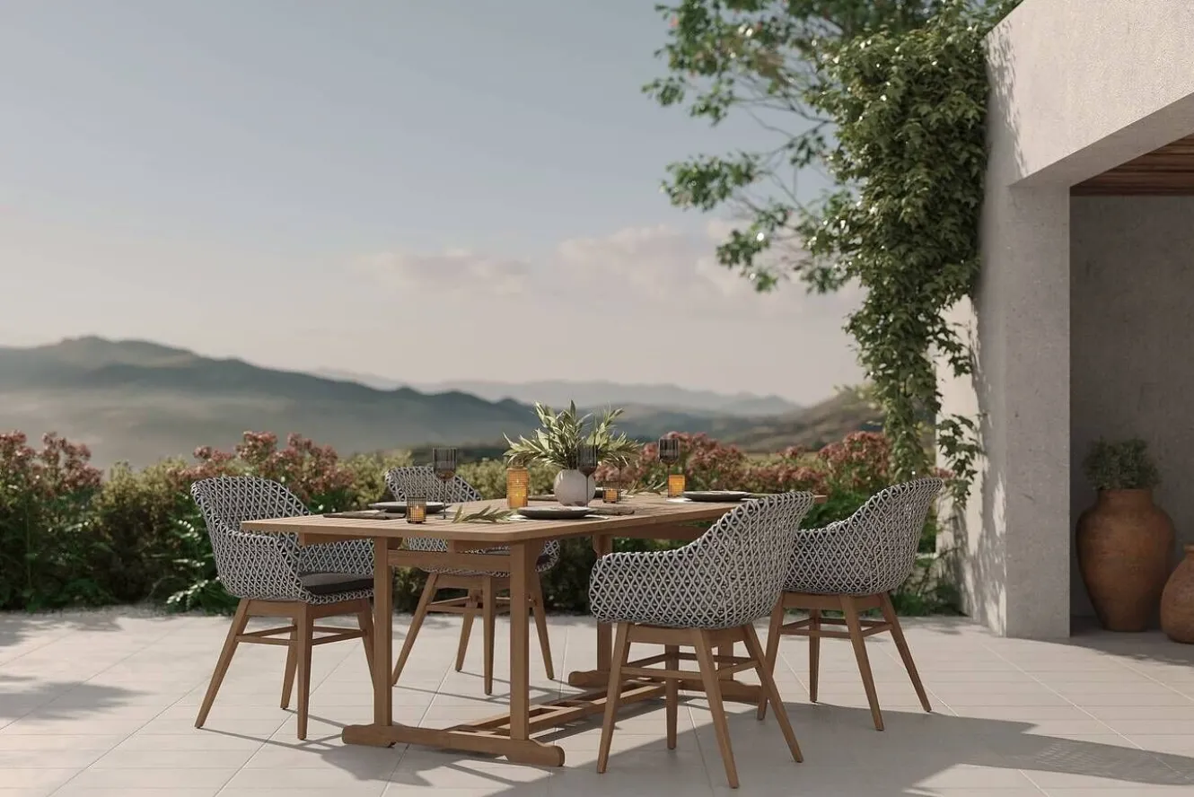 OUTFLEXX Bali Garten-Essgruppe mit 4 Dining Sesseln, schwarz/weiß/natur, Akazie/Polyrattan, 150/200 x 90 cm, FSC®-zertifiziertes Produkt