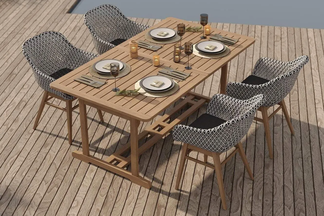 OUTFLEXX Bali Garten-Essgruppe mit 4 Dining Sesseln, schwarz/weiß/natur, Akazie/Polyrattan, 150/200 x 90 cm, FSC®-zertifiziertes Produkt