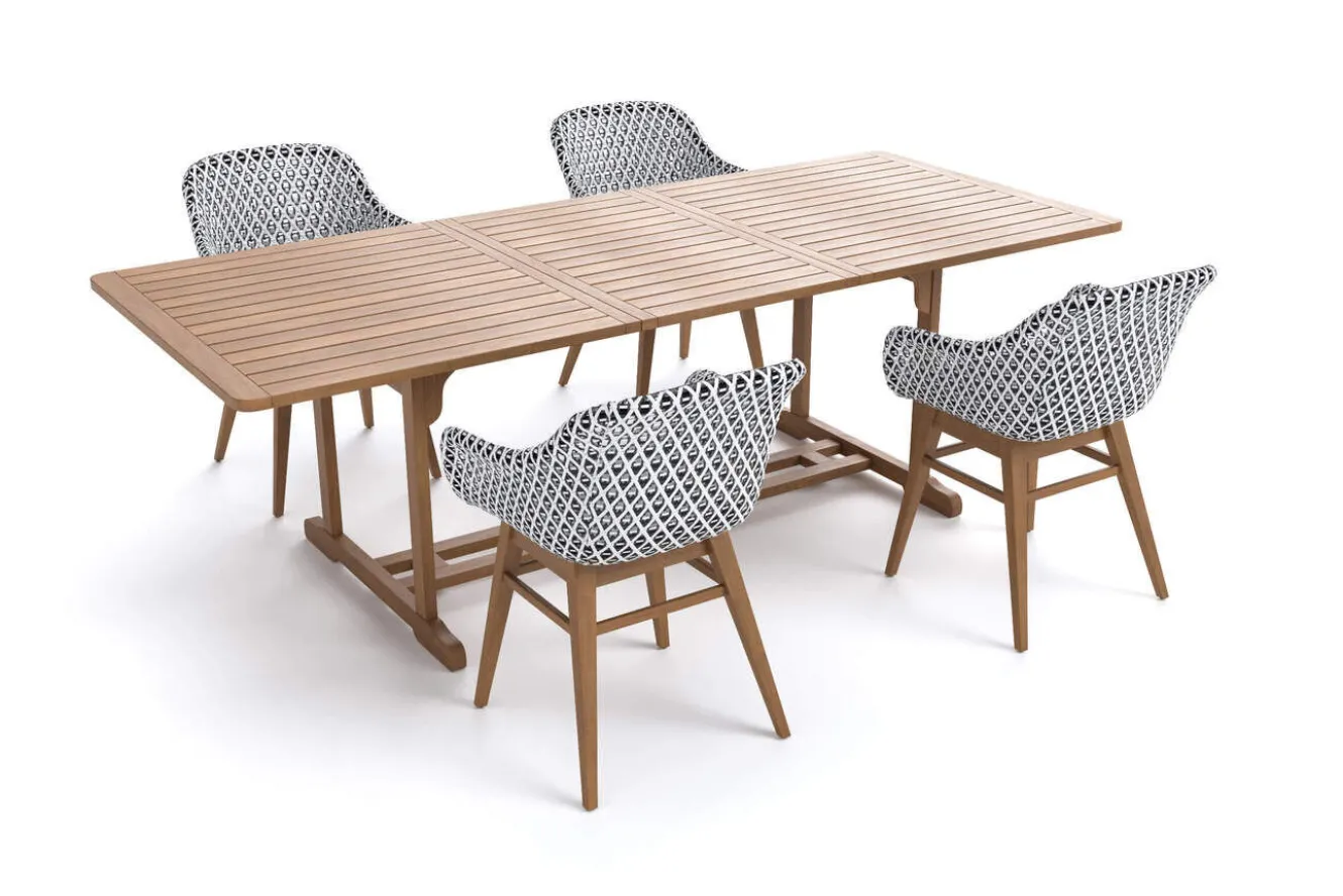OUTFLEXX Bali Garten-Essgruppe mit 4 Dining Sesseln, schwarz/weiß/natur, Akazie/Polyrattan, 150/200 x 90 cm, FSC®-zertifiziertes Produkt
