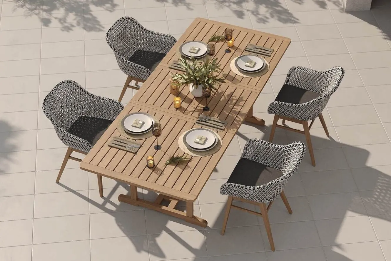 OUTFLEXX Bali Garten-Essgruppe mit 4 Dining Sesseln, schwarz/weiß/natur, Akazie/Polyrattan, 150/200 x 90 cm, FSC®-zertifiziertes Produkt