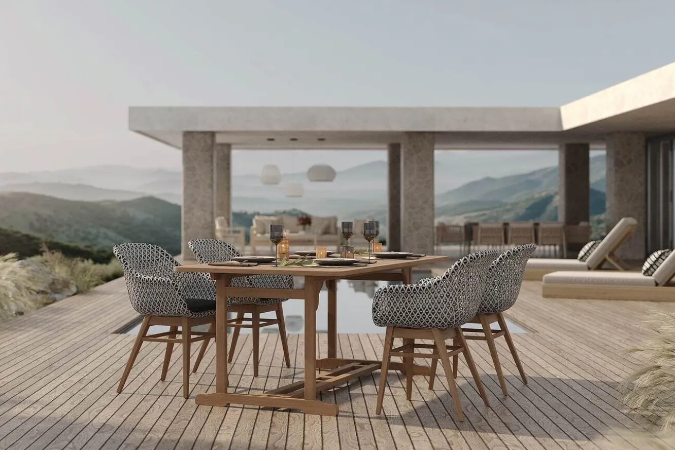 OUTFLEXX Bali Garten-Essgruppe mit 4 Dining Sesseln, schwarz/weiß/natur, Akazie/Polyrattan, 150/200 x 90 cm, FSC®-zertifiziertes Produkt