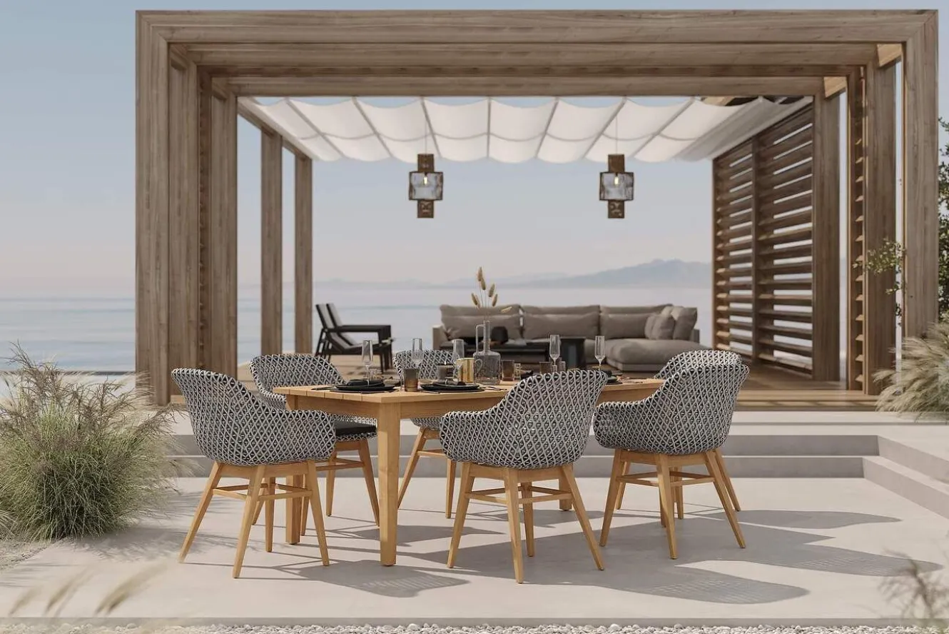 OUTFLEXX Bali Garten-Essgruppe mit 6 Dining Sesseln, schwarz/weiß/natur, Akazie/Polyrattan, Tisch 180 x 90 cm, FSC®-zertifiziert