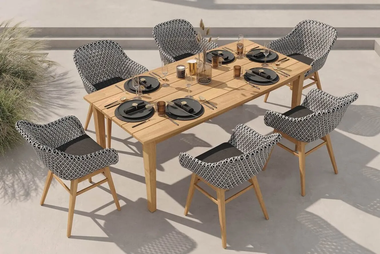 OUTFLEXX Bali Garten-Essgruppe mit 6 Dining Sesseln, schwarz/weiß/natur, Akazie/Polyrattan, Tisch 180 x 90 cm, FSC®-zertifiziert