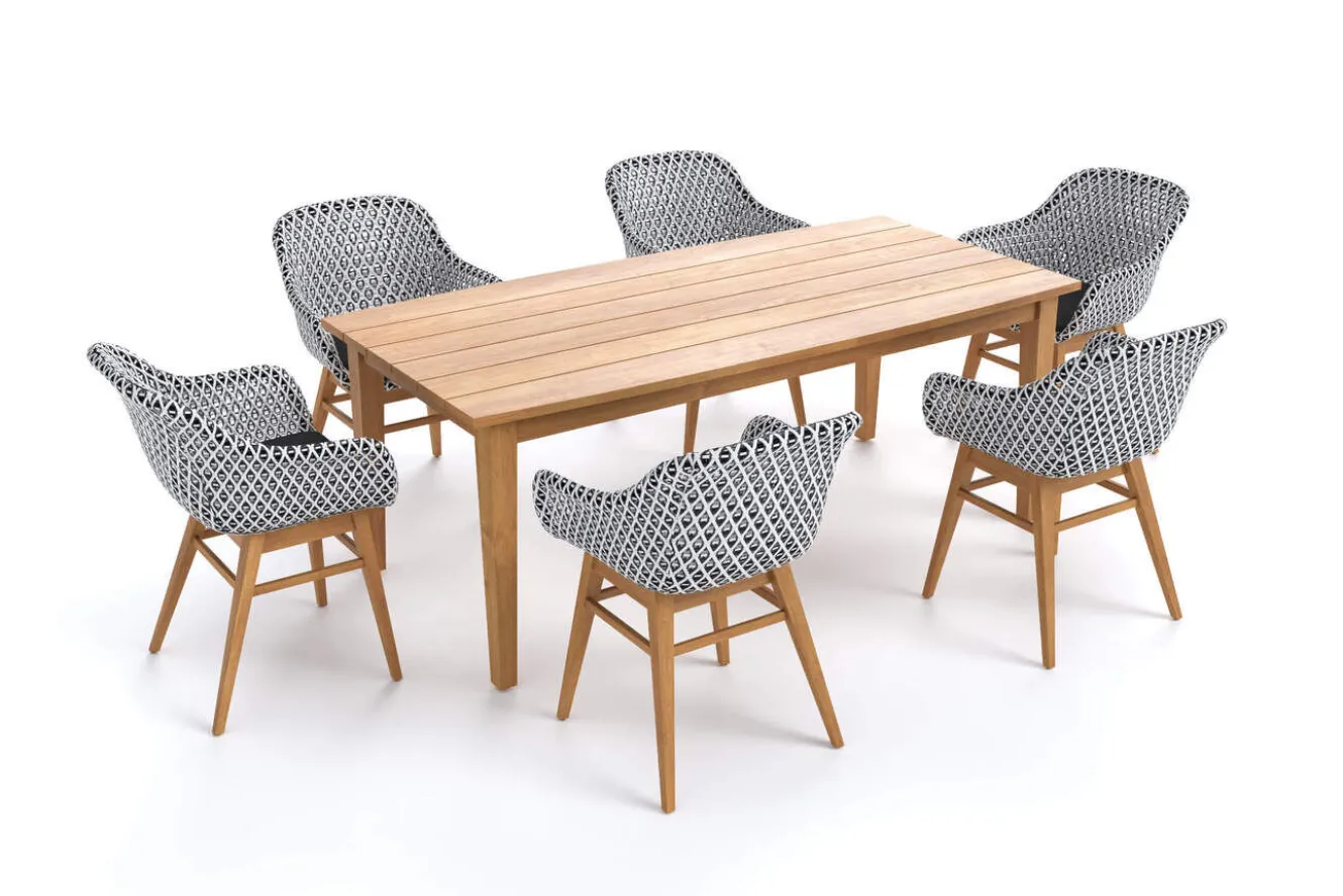 OUTFLEXX Bali Garten-Essgruppe mit 6 Dining Sesseln, schwarz/weiß/natur, Akazie/Polyrattan, Tisch 180 x 90 cm, FSC®-zertifiziert