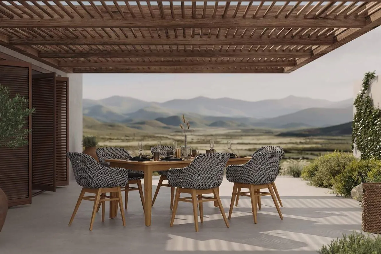 OUTFLEXX Bali Garten-Essgruppe mit 6 Dining Sesseln, schwarz/weiß/natur, Akazie/Polyrattan, Tisch 180 x 90 cm, FSC®-zertifiziert