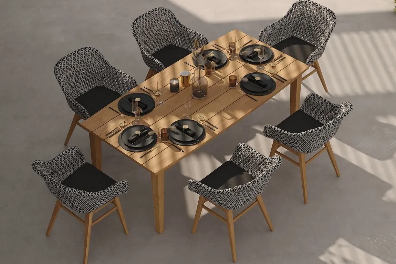 OUTFLEXX Bali Garten-Essgruppe mit 6 Dining Sesseln, schwarz/weiß/natur, Akazie/Polyrattan, Tisch 180 x 90 cm, FSC®-zertifiziert