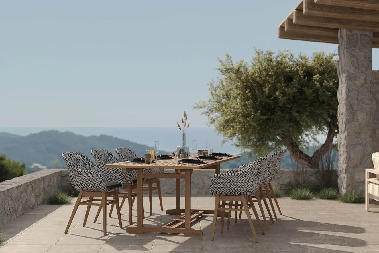 OUTFLEXX Bali Garten-Essgruppe mit 6 Dining Sesseln, schwarz/weiß/natur, Akazie/Polyrattan, 150/200 x 90 cm, FSC®-zertifiziertes Produkt