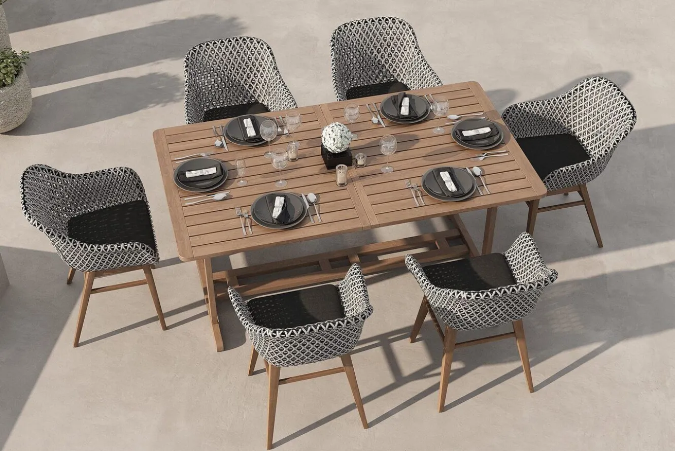 OUTFLEXX Bali Garten-Essgruppe mit 6 Dining Sesseln, schwarz/weiß/natur, Akazie/Polyrattan, 150/200 x 90 cm, FSC®-zertifiziertes Produkt