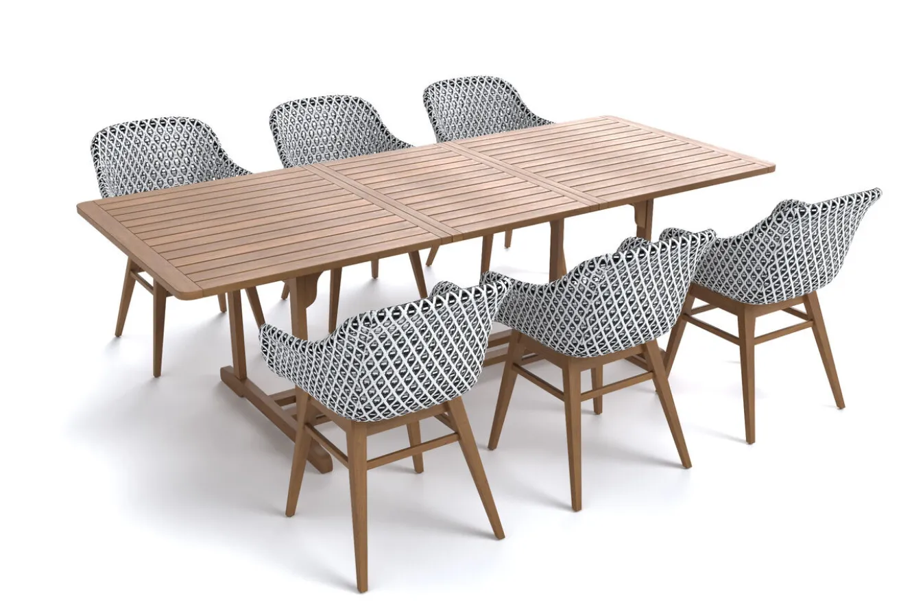 OUTFLEXX Bali Garten-Essgruppe mit 6 Dining Sesseln, schwarz/weiß/natur, Akazie/Polyrattan, 150/200 x 90 cm, FSC®-zertifiziertes Produkt