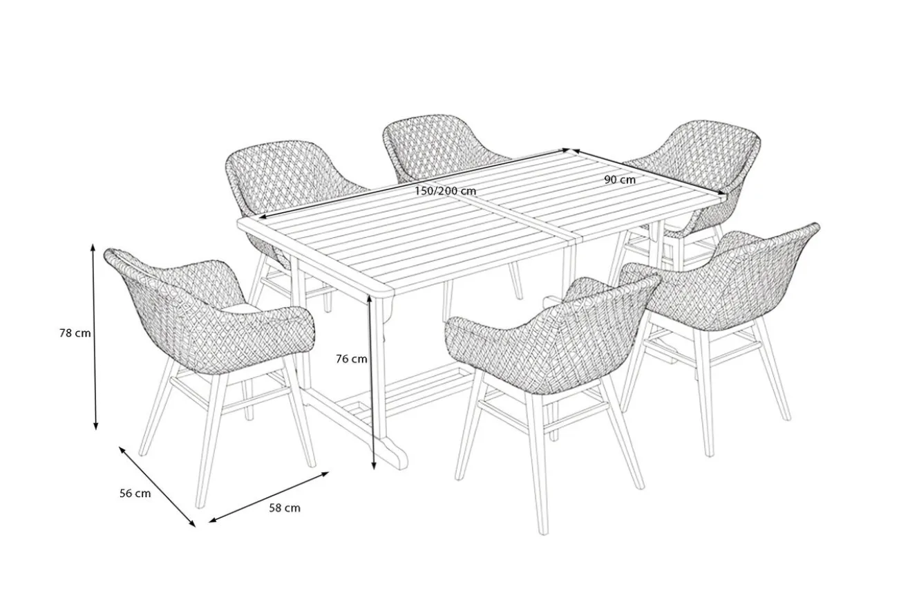 OUTFLEXX Bali Garten-Essgruppe mit 6 Dining Sesseln, schwarz/weiß/natur, Akazie/Polyrattan, 150/200 x 90 cm, FSC®-zertifiziertes Produkt