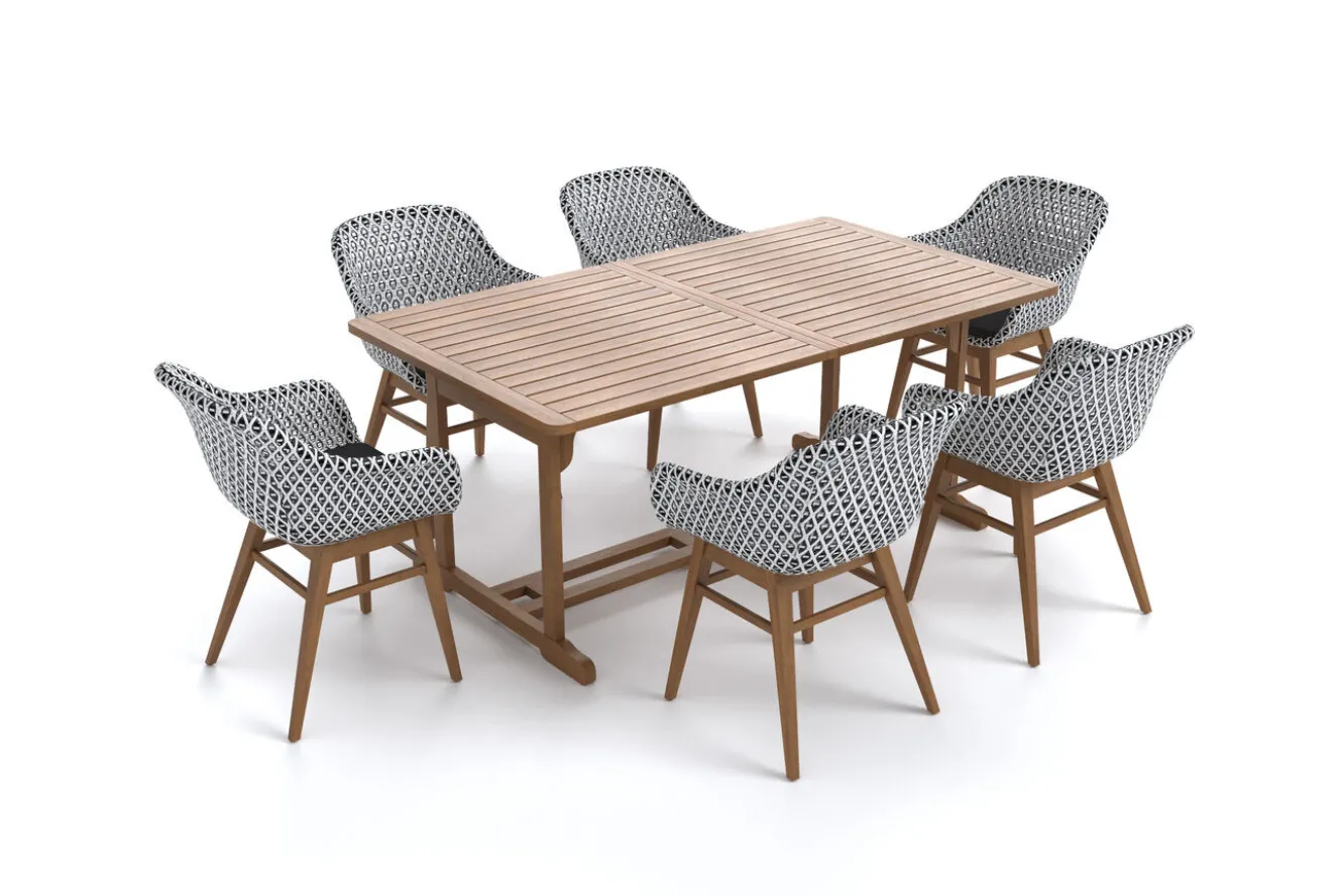 OUTFLEXX Bali Garten-Essgruppe mit 6 Dining Sesseln, schwarz/weiß/natur, Akazie/Polyrattan, 150/200 x 90 cm, FSC®-zertifiziertes Produkt