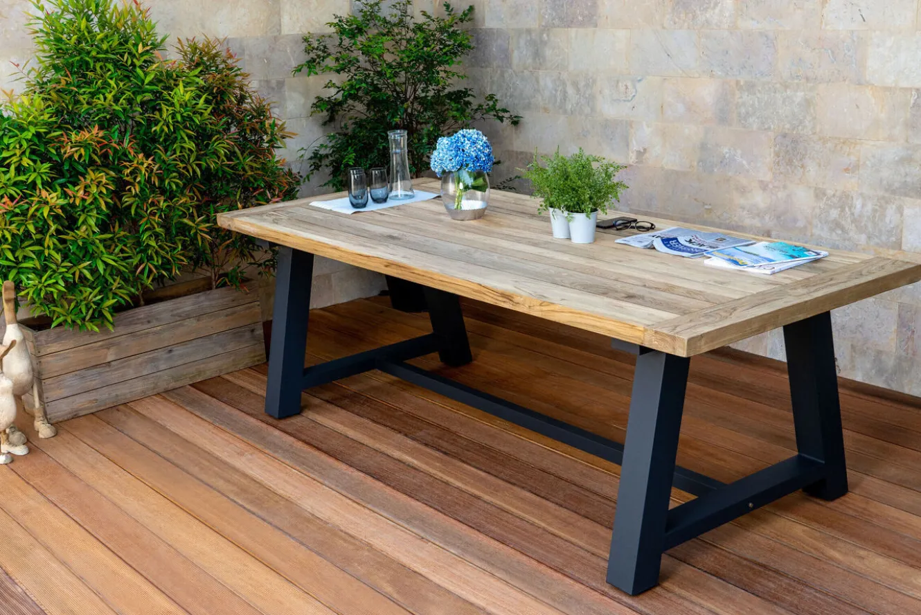 OUTFLEXX Belanda Esstisch, dark grey/natur, Alu/recyceltes Teak, 200x100x76cm, rustikal gebürstet, A-Gestell, FSC®-zertifiziertes Produkt