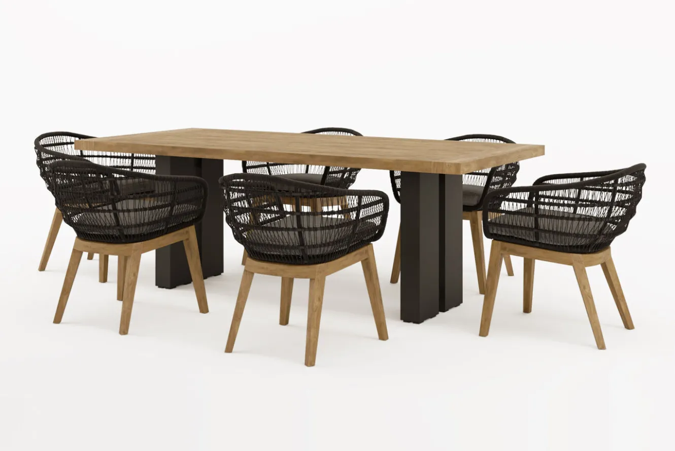 OUTFLEXX Bob Garten-Essgruppe, anthrazit/natur, Alu/recycled Teak/Rope, 220 x 100 cm, 6 x Sessel, FSC®-zertifiziertes Produkt