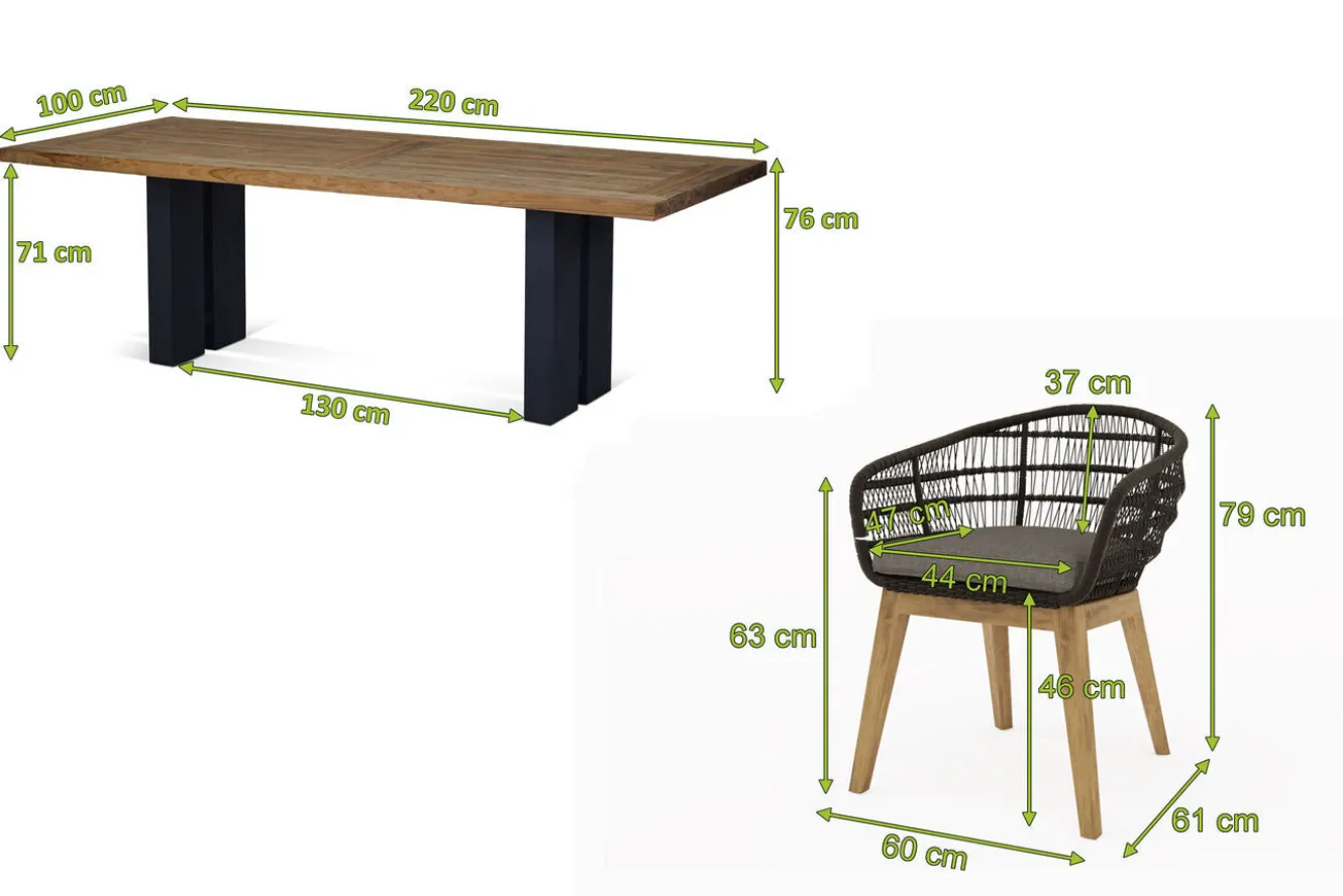 OUTFLEXX Bob Garten-Essgruppe, anthrazit/natur, Alu/recycled Teak/Rope, 220 x 100 cm, 6 x Sessel, FSC®-zertifiziertes Produkt