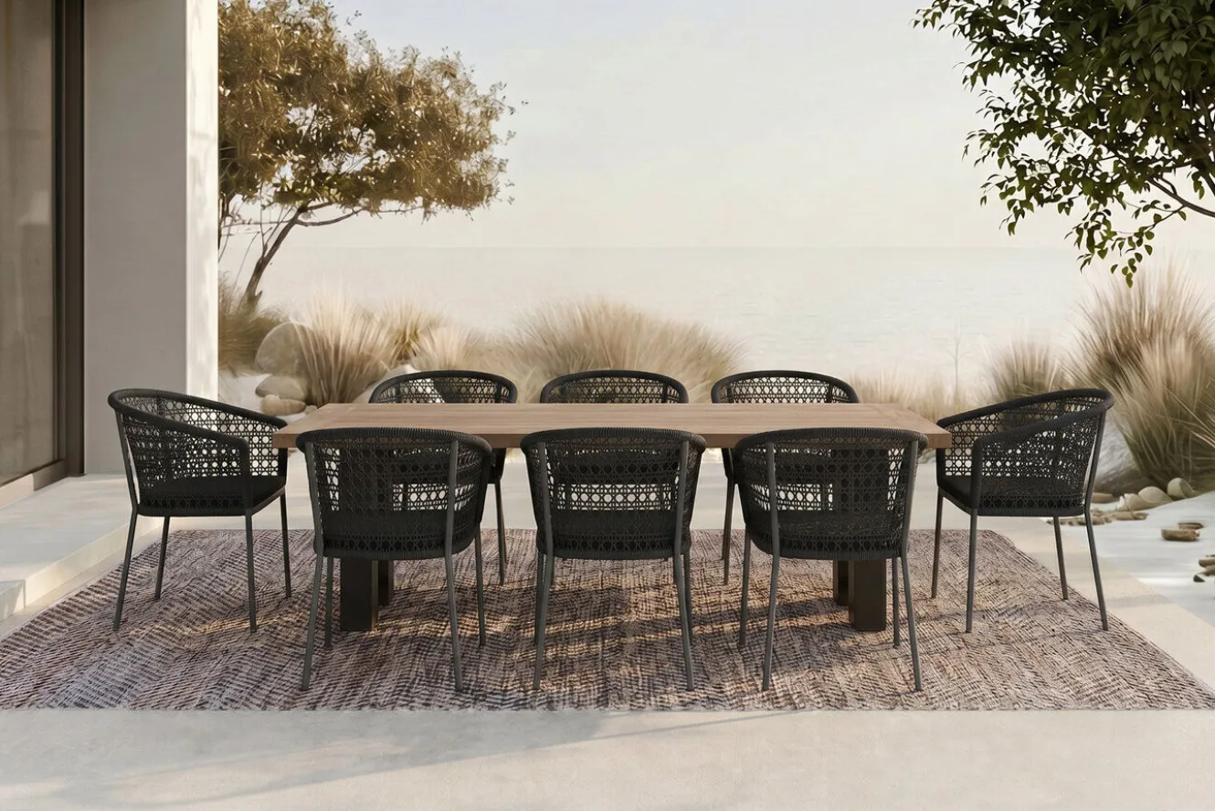 OUTFLEXX Bob/Zui Garten-Essgruppe, anthrazit/dunkelgrau, Alu/recycled Teak/Rope, 220 x 100 cm, 8 x Sessel, inkl. Polster