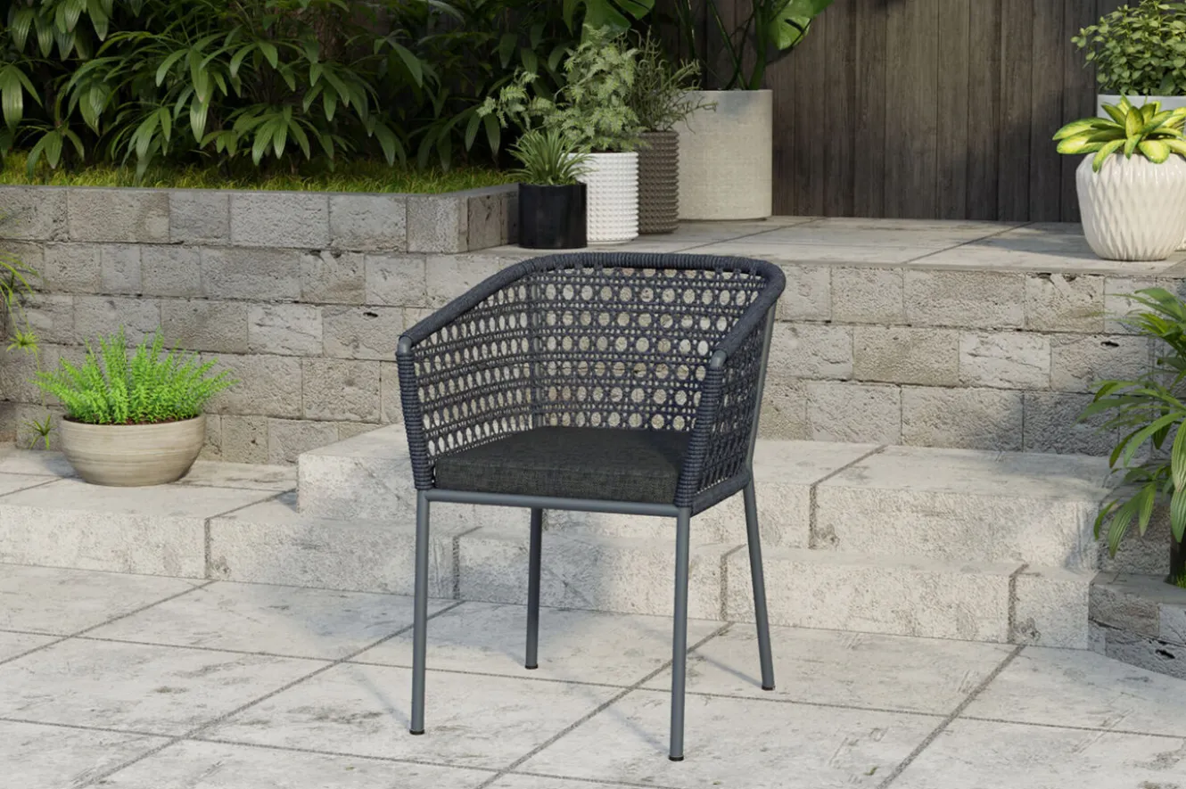OUTFLEXX Bob/Zui Garten-Essgruppe, anthrazit/dunkelgrau, Alu/recycled Teak/Rope, 220 x 100 cm, 8 x Sessel, inkl. Polster