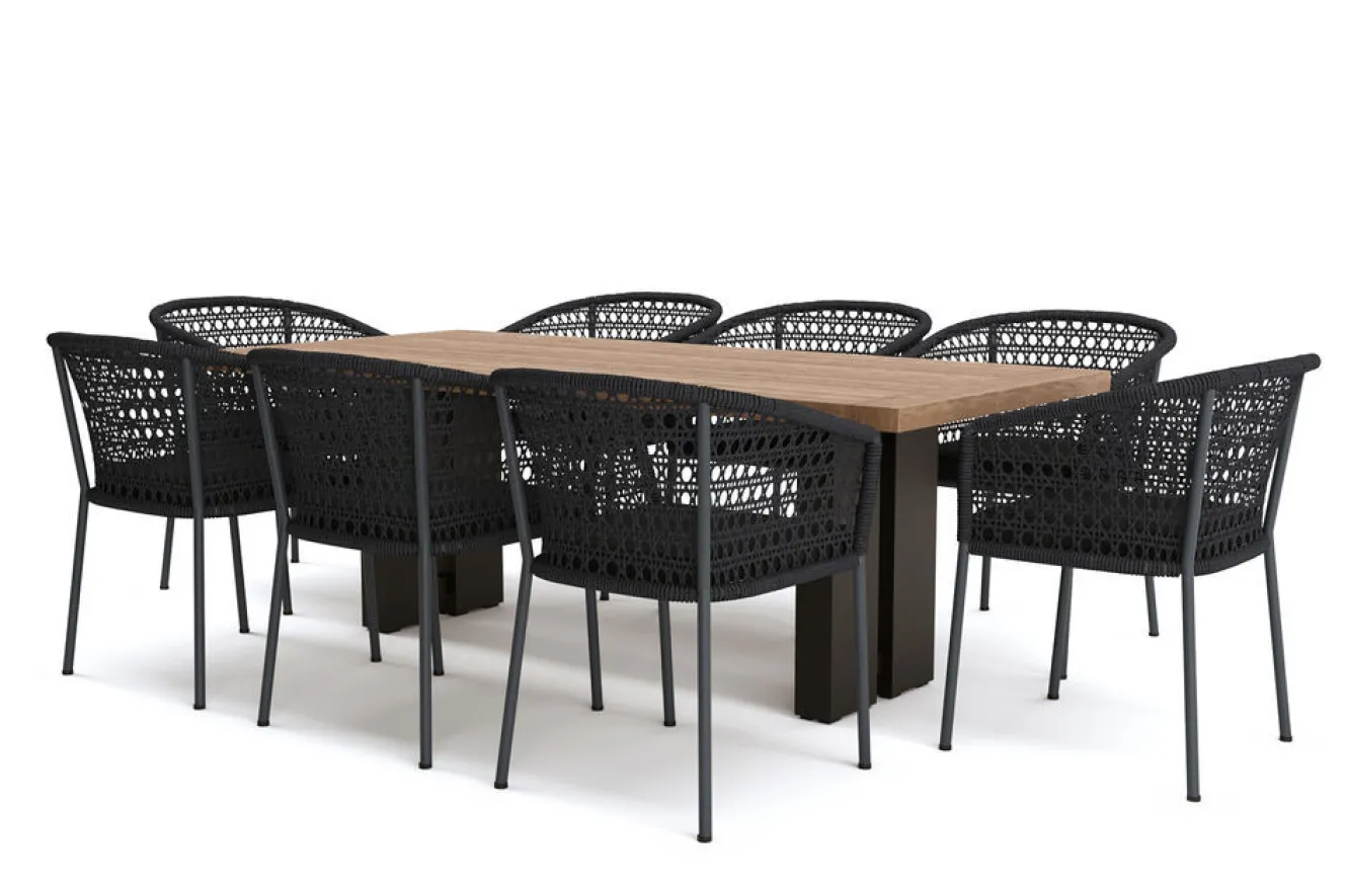 OUTFLEXX Bob/Zui Garten-Essgruppe, anthrazit/dunkelgrau, Alu/recycled Teak/Rope, 220 x 100 cm, 8 x Sessel, inkl. Polster