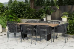 OUTFLEXX Bob/Zui Garten-Essgruppe, anthrazit/dunkelgrau, Alu/recycled Teak/Rope, 220 x 100 cm, 8 x Sessel, inkl. Polster