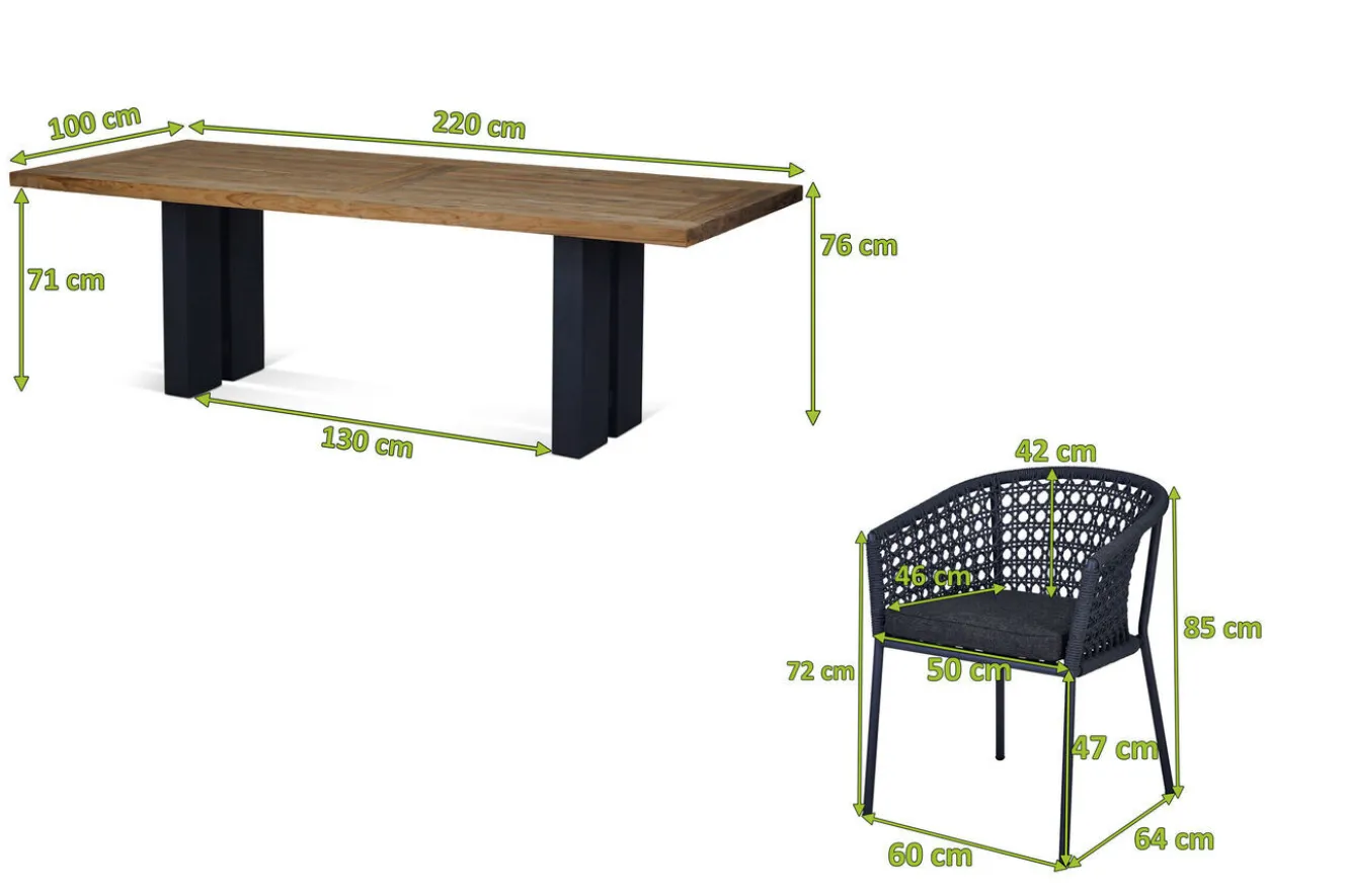 OUTFLEXX Bob/Zui Garten-Essgruppe, anthrazit/dunkelgrau, Alu/recycled Teak/Rope, 220 x 100 cm, 8 x Sessel, inkl. Polster