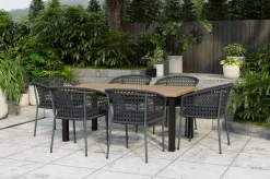 OUTFLEXX Bob/Zui Garten-Essgruppe, anthrazit/dunkelgrau, Alu/recycled Teak/Rope, 220 x 100 cm, 6 x Sessel, inkl. Polster