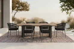 OUTFLEXX Bob/Zui Garten-Essgruppe, anthrazit/dunkelgrau, Alu/recycled Teak/Rope, 220 x 100 cm, 6 x Sessel, inkl. Polster