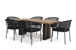 OUTFLEXX Bob/Zui Garten-Essgruppe, anthrazit/dunkelgrau, Alu/recycled Teak/Rope, 220 x 100 cm, 6 x Sessel, inkl. Polster
