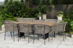 OUTFLEXX Bob/Zui Garten-Essgruppe, anthrazit/hellgrau, Alu/recycled Teak/Rope, 220 x 100 cm, 8 x Sessel, inkl. Polster
