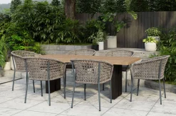 OUTFLEXX Bob/Zui Garten-Essgruppe, anthrazit/hellgrau, Alu/recycled Teak/Rope, 220 x 100 cm, 6 x Sessel, inkl. Polster
