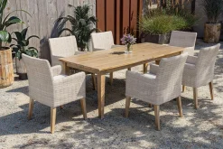 OUTFLEXX Borneo Garten-Essgruppe, beige-meliert, Polyrattan/Akazie, Tisch 220 x 100 cm, 6 Landhaussessel, FSC®-zertifiziertes Produkt